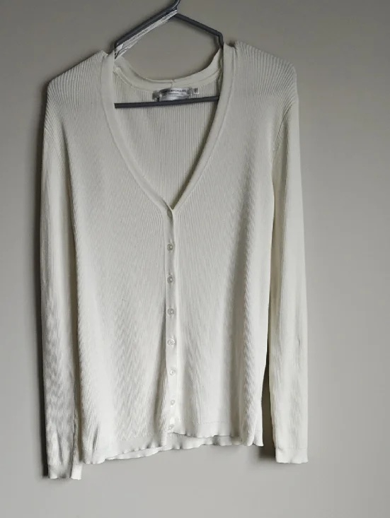 Simons Cream Ribbed V-Neck Button Cardigan - Picture 2 of 7